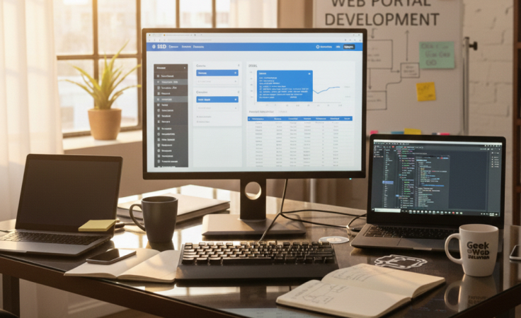 A desk with two laptops, a monitor displaying analytics, a keyboard, notebook, coffee mugs, and a whiteboard labeled "Web Portal Development" in the background.